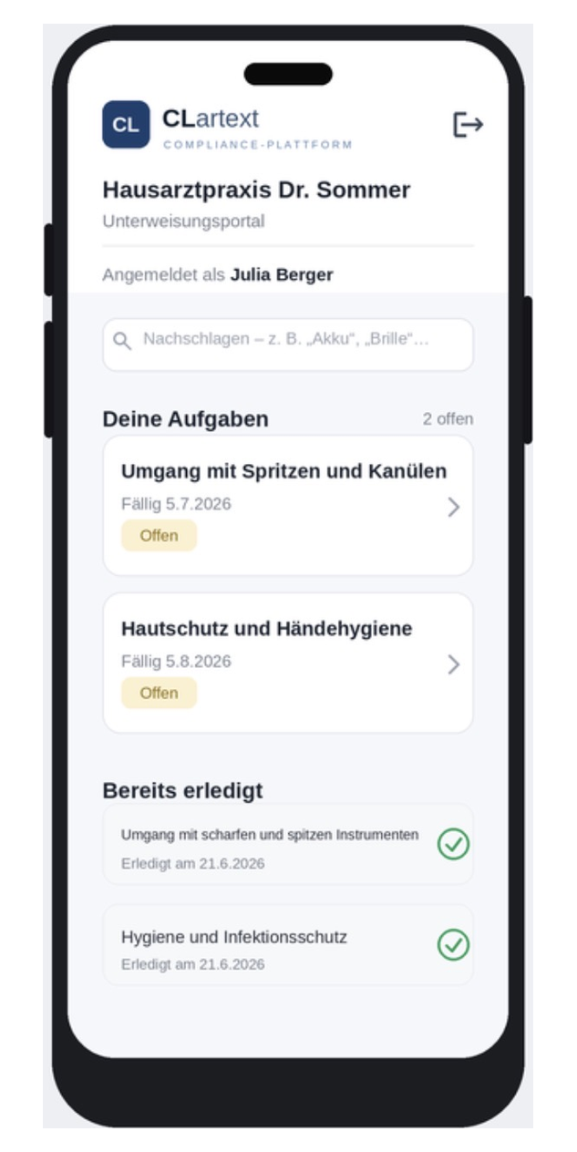 Mitarbeiter-App mit offenen Aufgaben