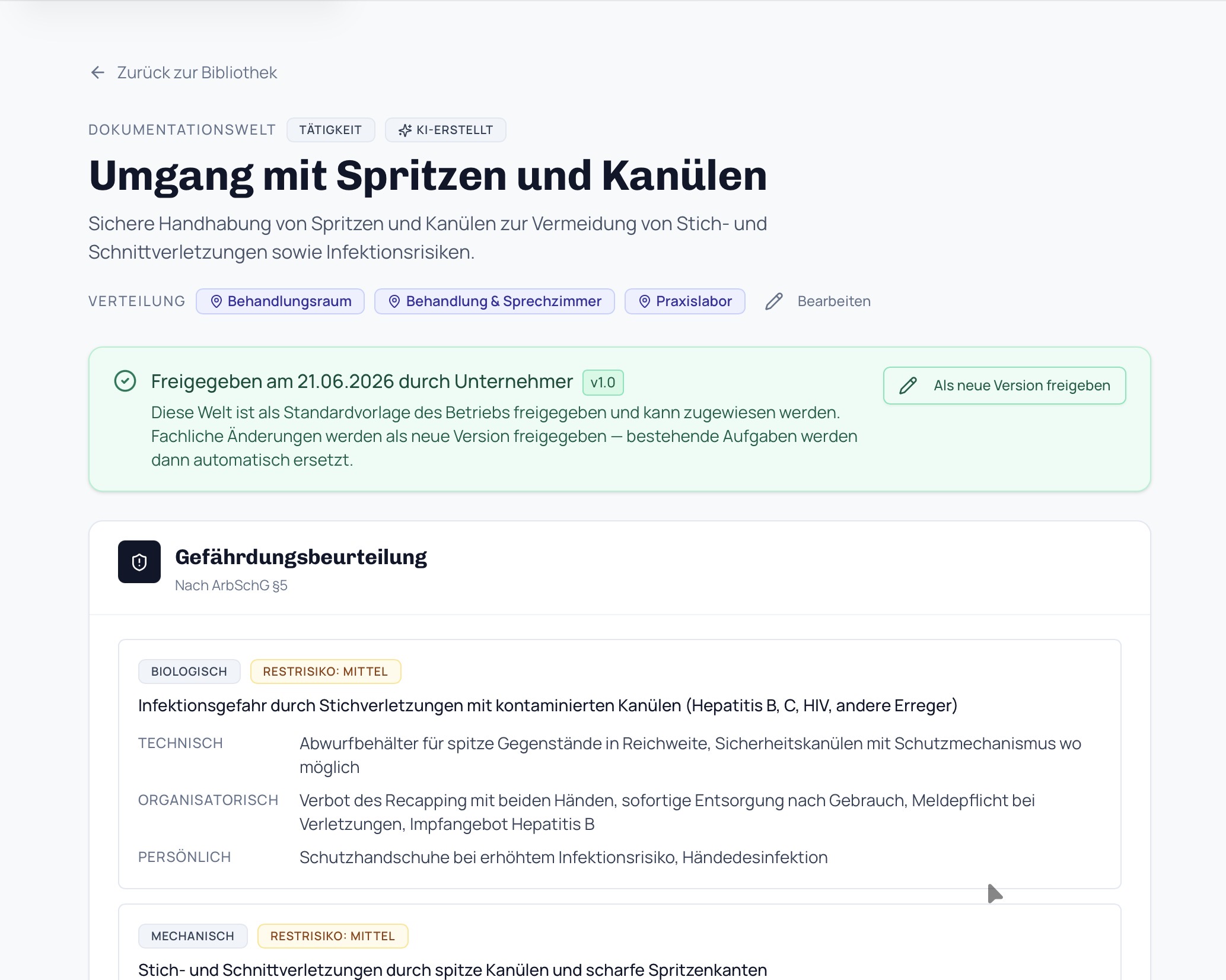Dokumentationswelt „Umgang mit Spritzen und Kanülen“ mit grünem Freigabe-Hinweis