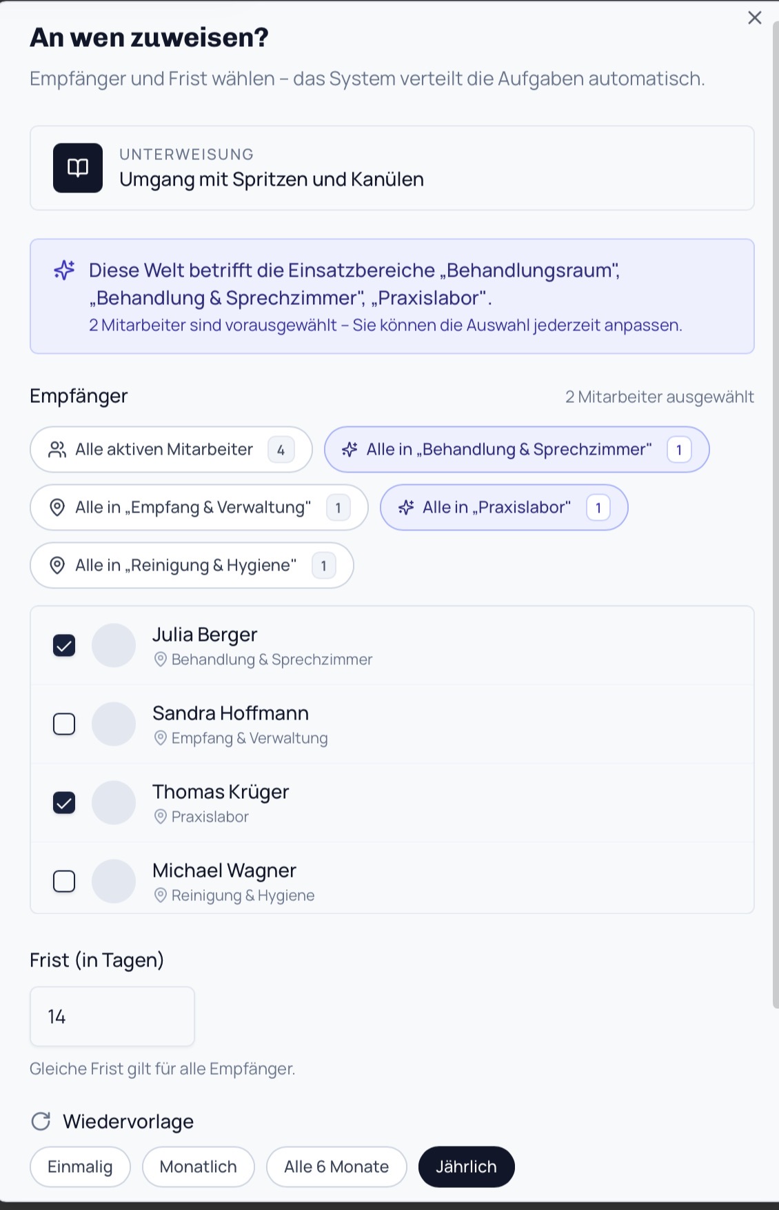 Zuweisungsdialog „An wen zuweisen?“ mit Mitarbeiterauswahl
